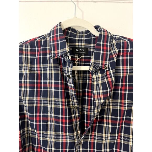 APC Mens Casual Check Shirt Dark Navy Plaid Button Up Size XS - Picture 6 of 6